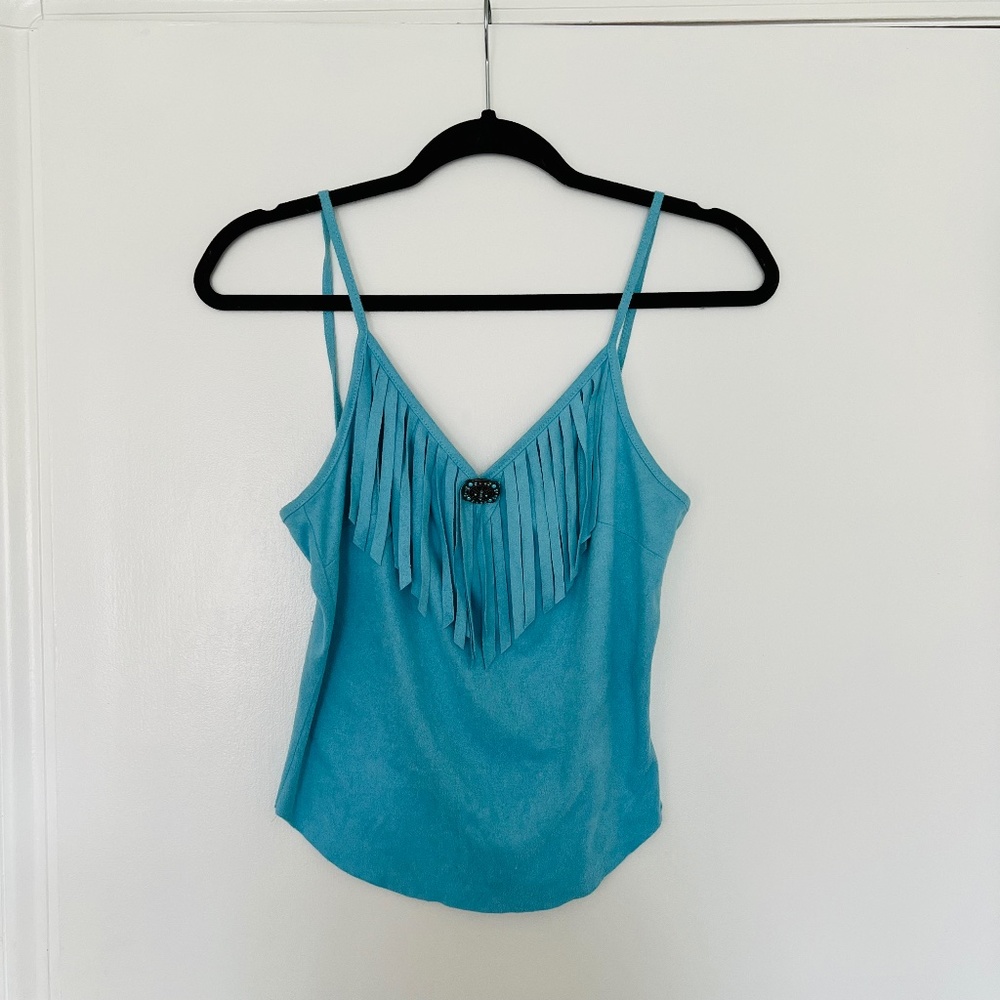 Vintage Aquamarine Turquoise Vegan Suede Fringe Cami Top